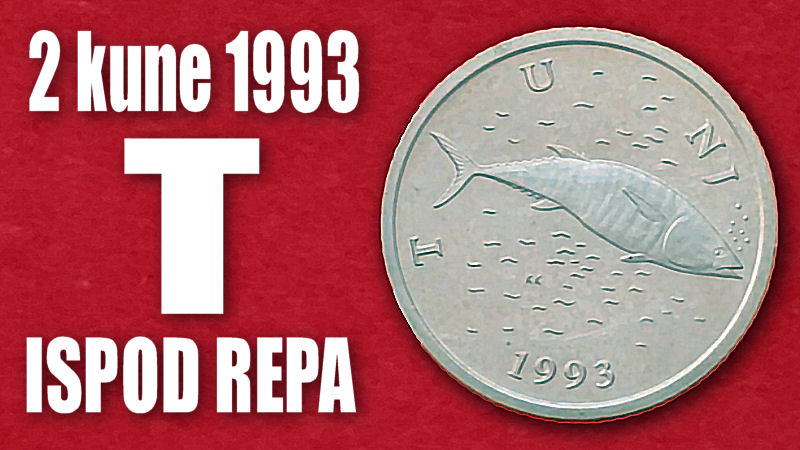 Prikaz kovanice: Hrvatska 2 kune 1993. T ispod repa