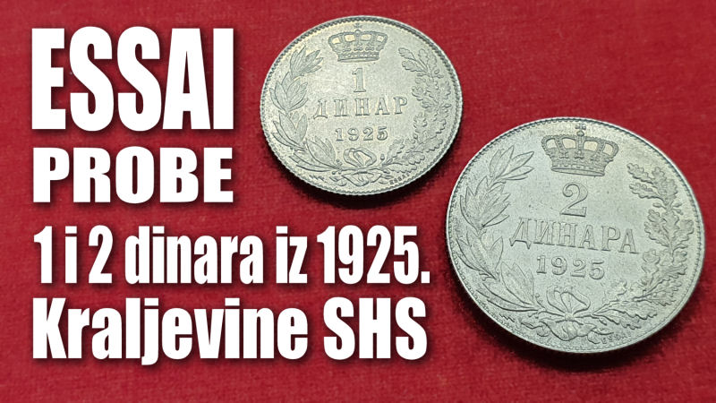 Prikaz probnih kovanica Kraljevine SHS od 1 i 2 dinara iz 1925. s oznakom ESSAI
